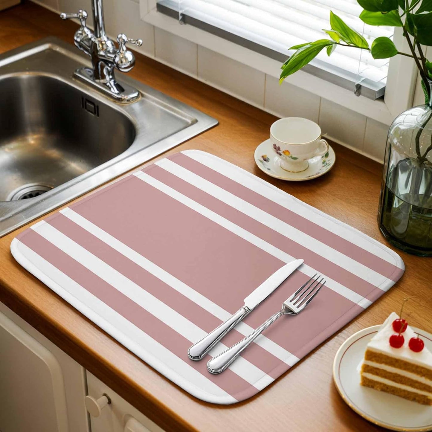 Dish Drying Mat Geometric Pattern Kitchen Counter Drying Pad for Dishes Glasses Cups and Cookware Pink Stripe Absorbent Dish Drying Mat Machine Washable Kitchen Accessories 18" x 24"