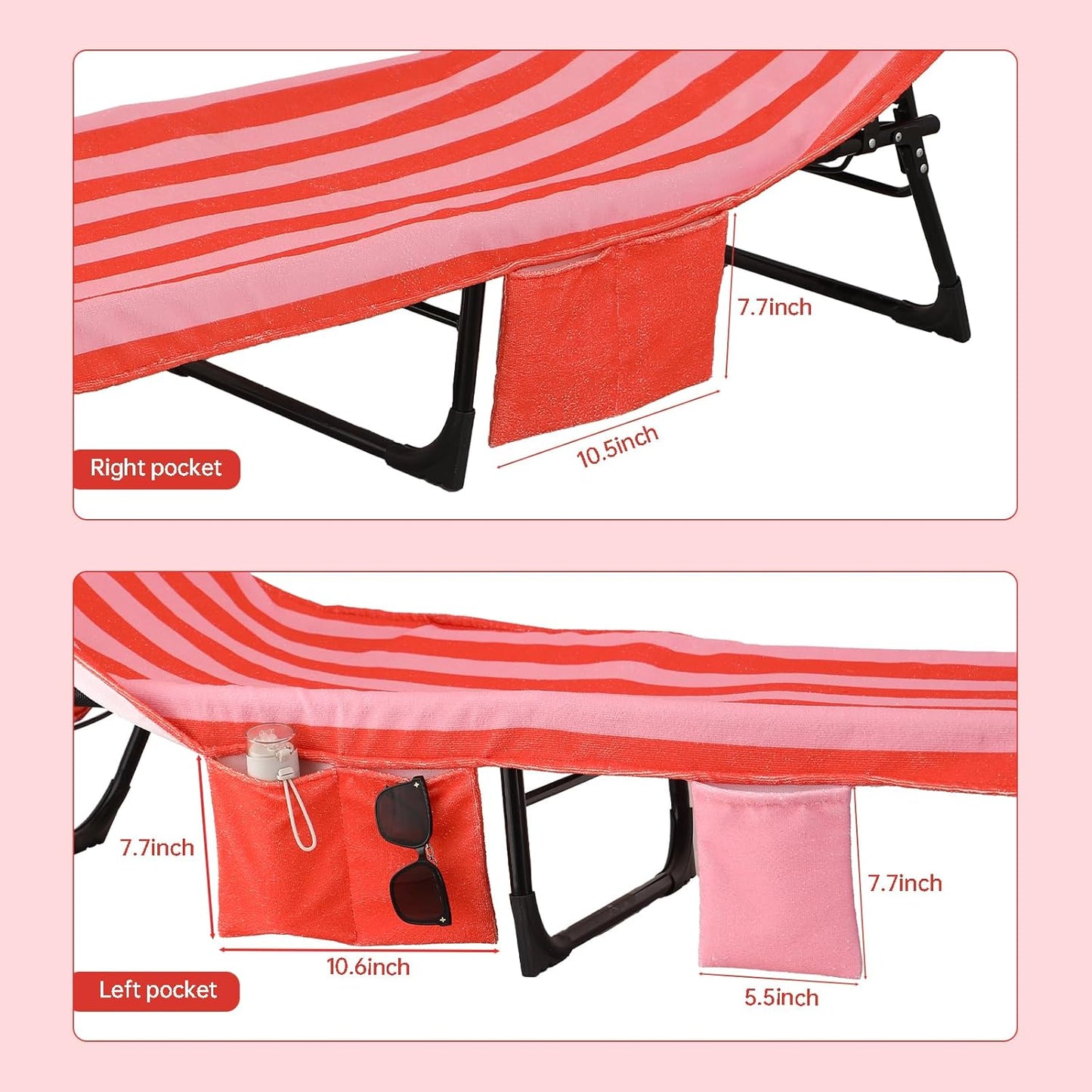Beach Lounge Chair Towel Cover,Soft Microfiber Chaise Lounge Towel Cover Patio Pool Chairs Cover with Side Pockets,80" x 26" Chair Cover for Beach/Pool Sunbathing (Orange and Pink Stripe)