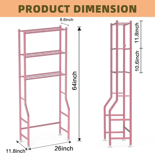 Livilord 3-Tier Over The Toilet Storage Rack, Space Saver Metal Bathroom Shelves, Freestanding Over Toilet Bathroom Organizer for Bathroom/Living Room (Pink)