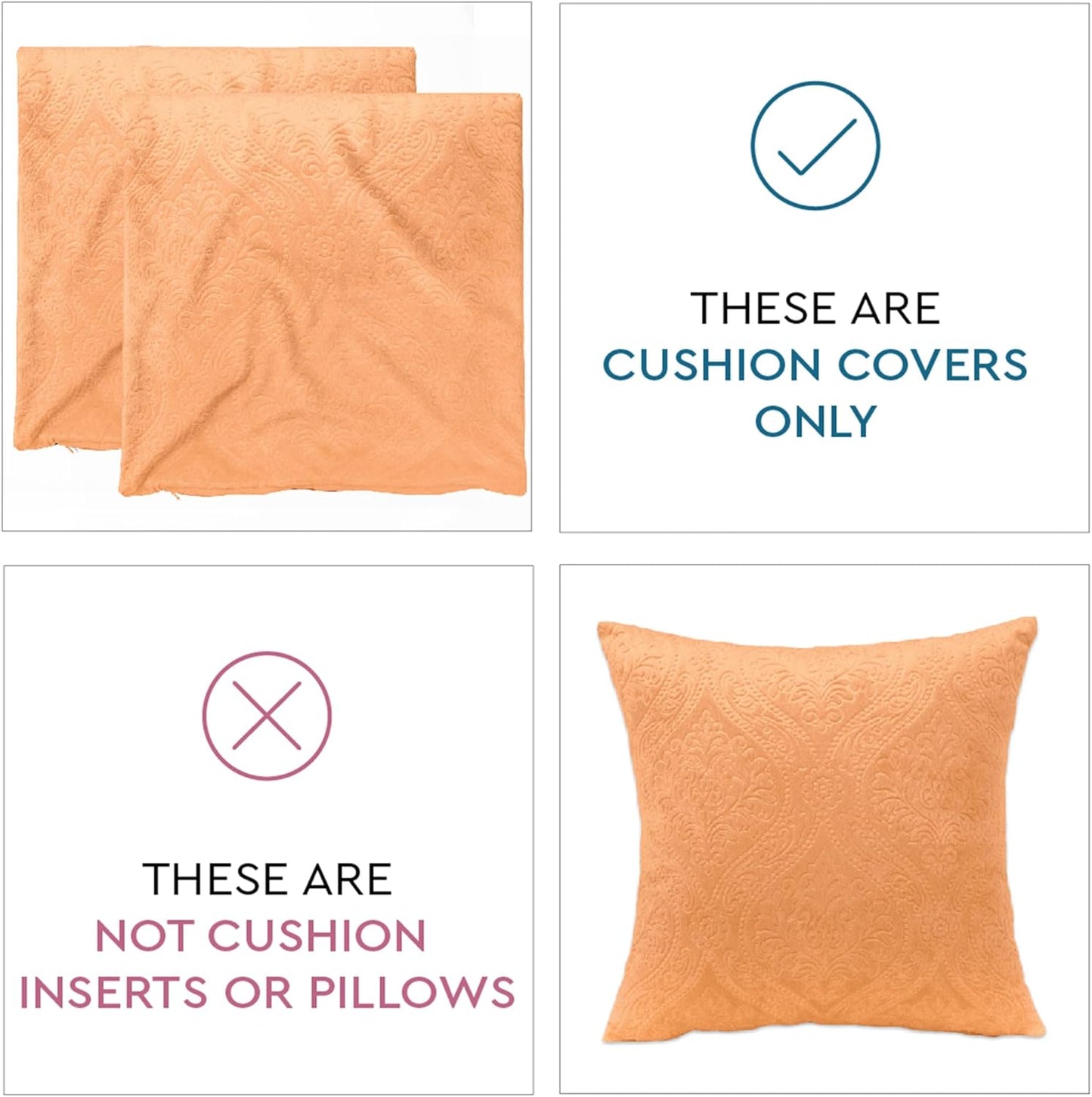 Encasa XO Luxury Embossed Velvet Throw Pillow Covers - Plush Cushion Covers for Elegant Living Rooms & Bedrooms, Machine Washable, 18"x18" Peach | Set of 2 | Covers Only No Insert