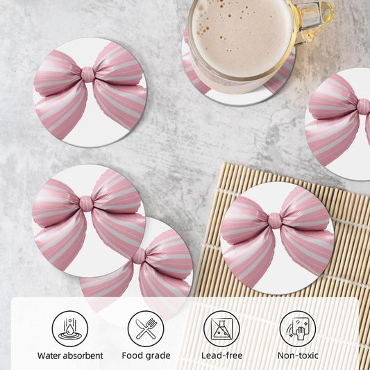 Light Pink Bow Balloon Candy Stripe Pattern Ceramic Coasters with Holder Set of 6 Coffee Cup Drink Coasters