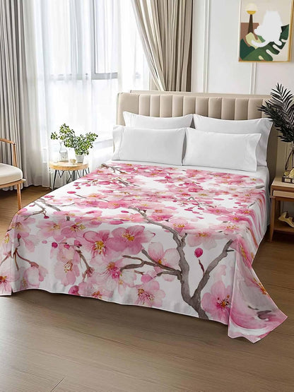 Full Size Flat Sheet Only, Spring Peach Flowers Soft Brushed Microfiber Bed Sheets, Pink Botanical Floral Leaves Branch Hotel Quality Breathable Bedding Top Sheet, Easy Care, 81"x96"