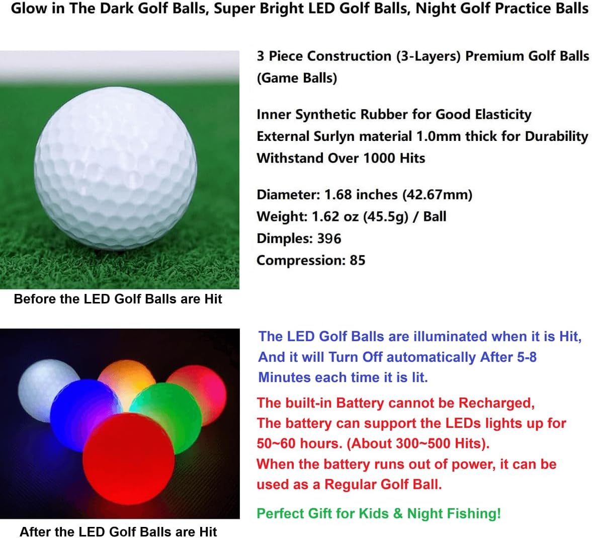 3Pcs Glow in The Dark Golf Balls, Super Bright LED Golf Ball, Night Golf Practice Balls, Lights up for 5-8 Ms per Hit, for Night Golf Lover's Gifts