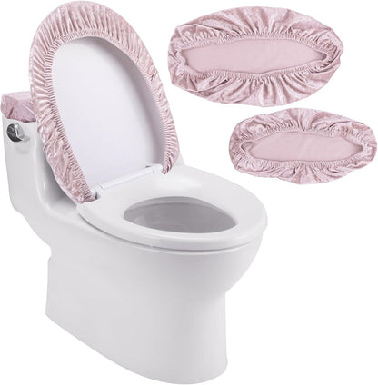 Stretch Velvet Toilet Lid Cover and Tank Lid Cover Set With Elastic Bottom for Bathroom Decor (Pink)