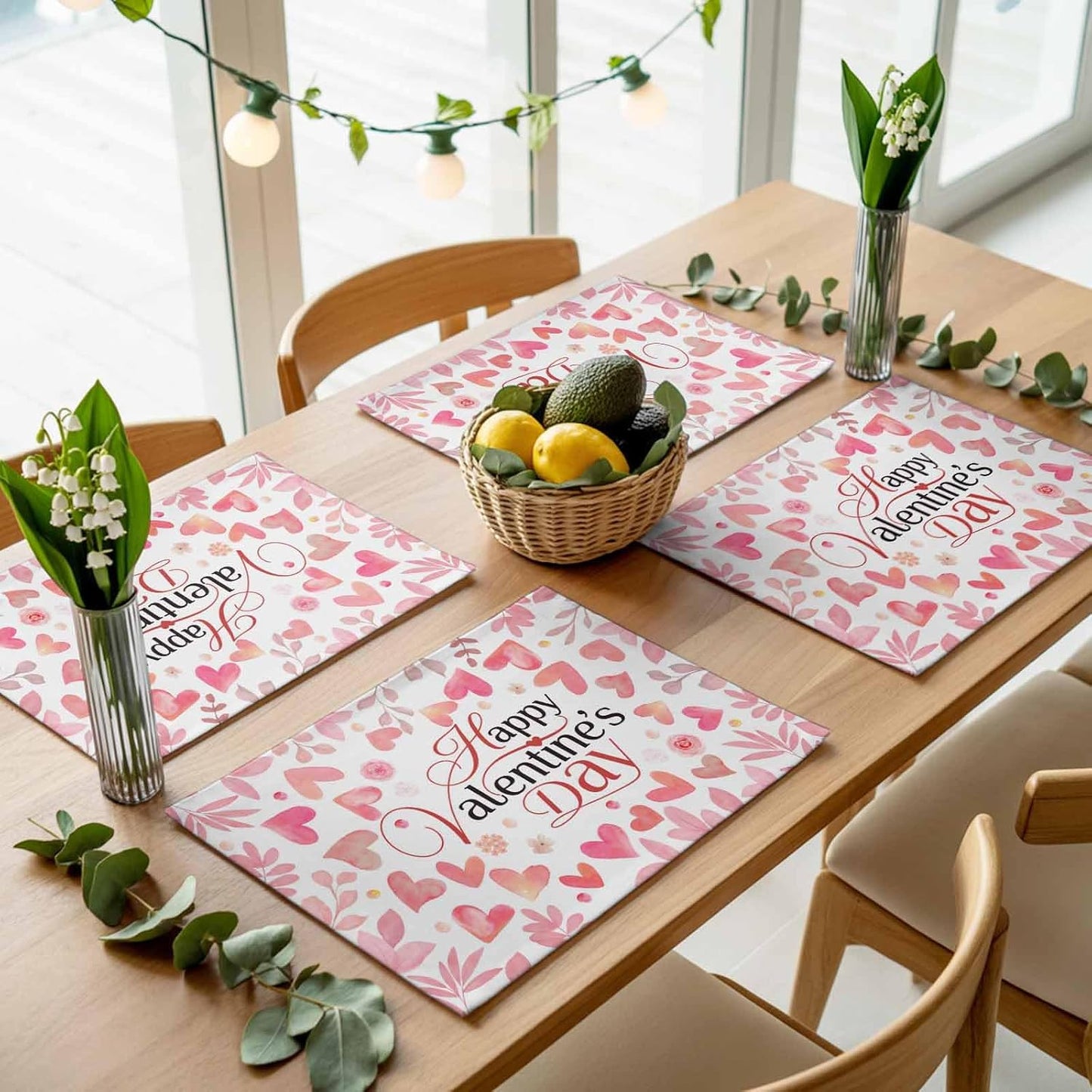 Valentine's Day Placemats for Dining Table Set of 6 Peach Pink Love Floral Modern Romantic Cotton Linen Cloth for Square/Rectangle/Round Table Mat Placemat, Kitchen Dinner Holiday Décor