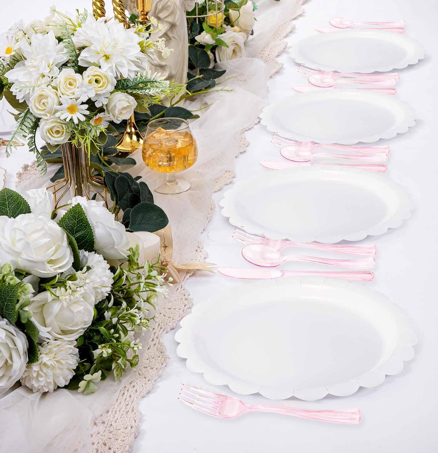 HEIPINIUYE 75 Pack Light Pink Clear Plastic Cutlery Heavy Duty Clear Pink Plastic Knives Forks and Spoons Disposable Silverware Set for 25 Guest Camping Birthday Baby Shower Party Utensil Set