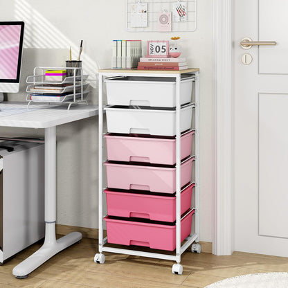 Rolling Storage Cart with 6 Drawers and Wooden Tabletop, Lockable Wheels Utility Cart for Art Studios, Office Supplies & Craft Room Organization (Pink)