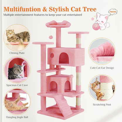 Sweetcrispy 54-Inch Cat Tree Tower – Multi-Level with Sisal Scratching Post, Perfect Pet Gift, Indoor Condo with Climbing Ladder, Plush Toy, and More Animal Stuff, Pink