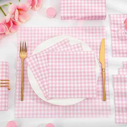 60 Pcs Pink and White Gingham Paper Placemats and 80 Pcs Pink Gingham Napkins