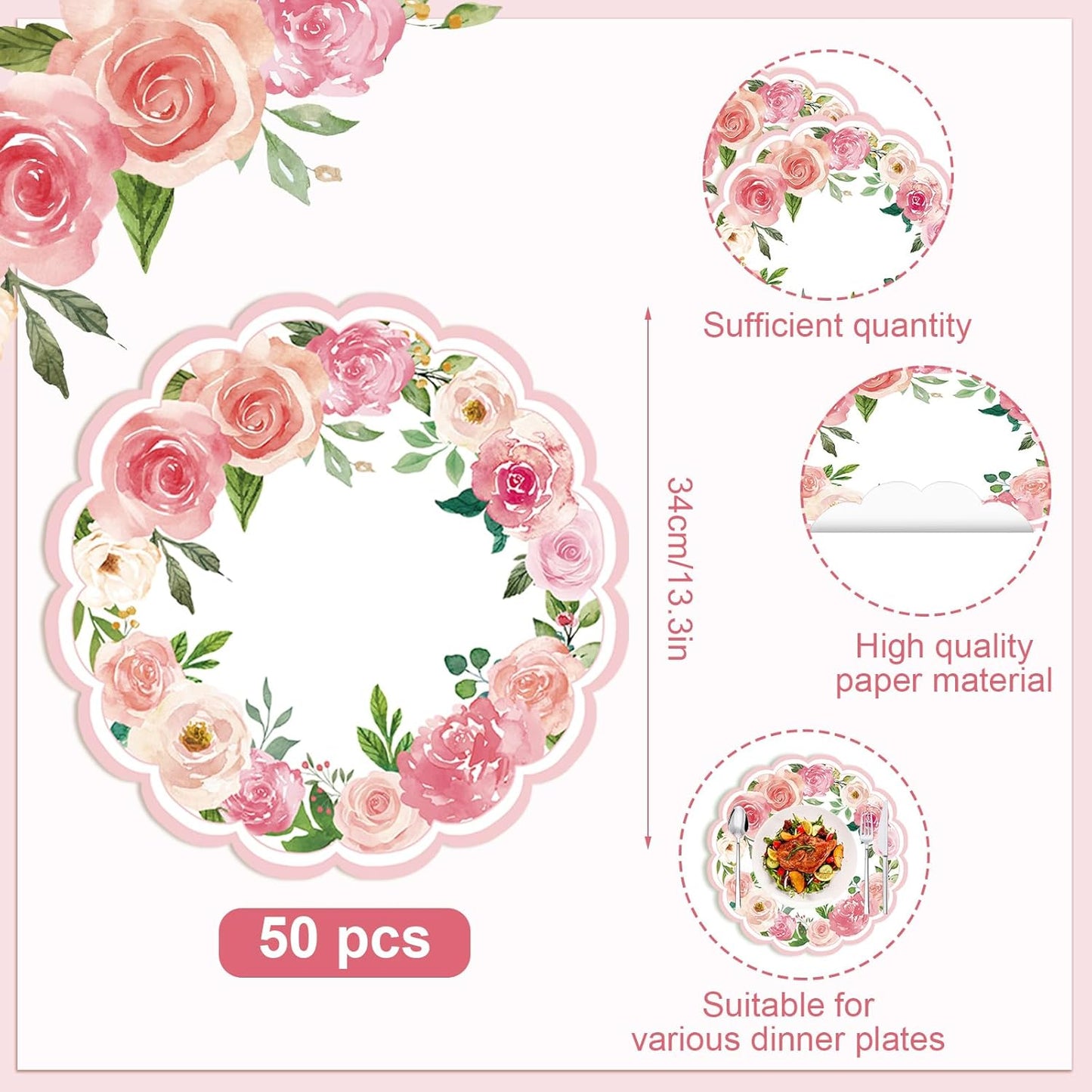 50 Pcs Pink Floral Paper Placemats Disposable,13.4 Inch Watercolor Roses Floral Round Place Mats Spring Summer Table Mats for Birthday Wedding Banquet Bridal Shower Party Supplies