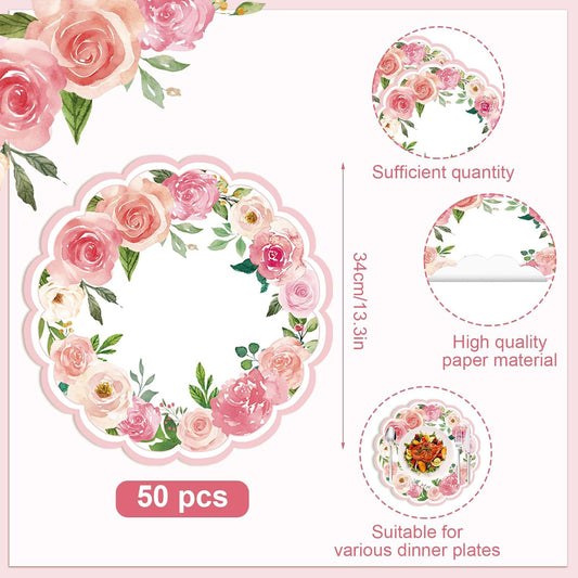 50 Pcs Pink Floral Paper Placemats Disposable,13.4 Inch Watercolor Roses Floral Round Place Mats Spring Summer Table Mats for Birthday Wedding Banquet Bridal Shower Party Supplies