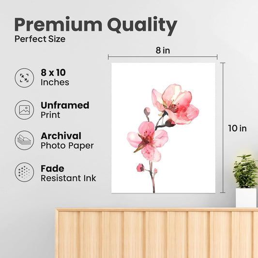 ZUKIY Peach Pink Blossom Branch - 8x10 Unframed Blossom Wall Art Print - Watercolor Botanical Floral Wall Art for Bedroom Bathroom Hallway Office or Guest Room - Soft Botanical Decor Poster