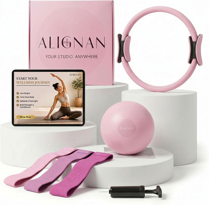 Pilates Kit for Home Workouts with 14” Pilates Ring Pilates 8” Mini Ball with and 3 Booty Bands Set, Pilates Essentials Kit for Women with Guided Workout Video, Home Pilates Equipment