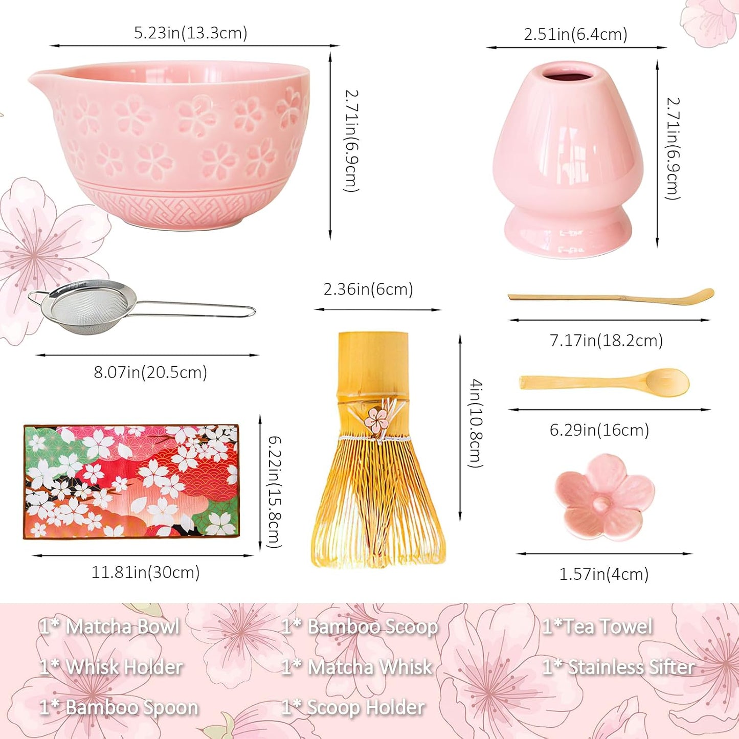 8 Pcs Matcha Whisk Set: Pink Matcha Tea Set Includes Ceramic Bowl, Whisk and Holder, Bamboo Scoop, Scoop Rest, Sifter and Tea Towel - Matcha Making Kit for Matcha Lovers