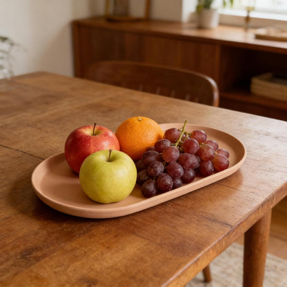 Elliptical Plastic Serving Fruit Tray, Multi-Purpose Snack Organizer Tray, Modern Catchall for Coffee Table, Dessert Jewelry Home Decor Tray in Matte/Glossy Finish (Peach Pink)