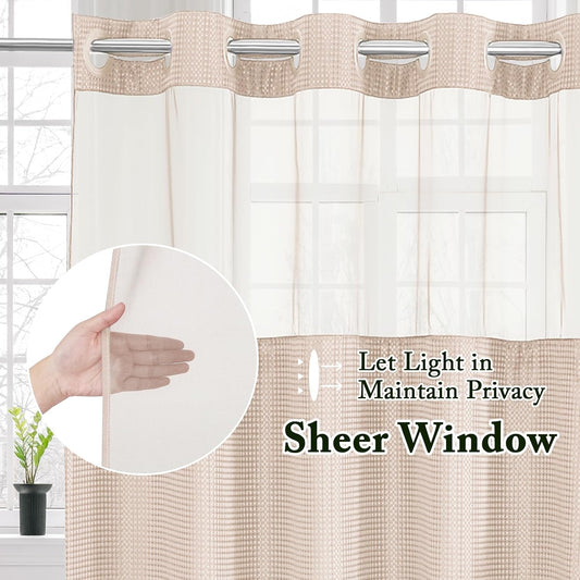 Gibelle Long Shower Curtain 72x80, Waffle Weave Bathroom Shower Curtain with Snap-in Fabric Liner Set, No Hooks Needed, Hotel Style with Mesh Top Window, Blush Pink