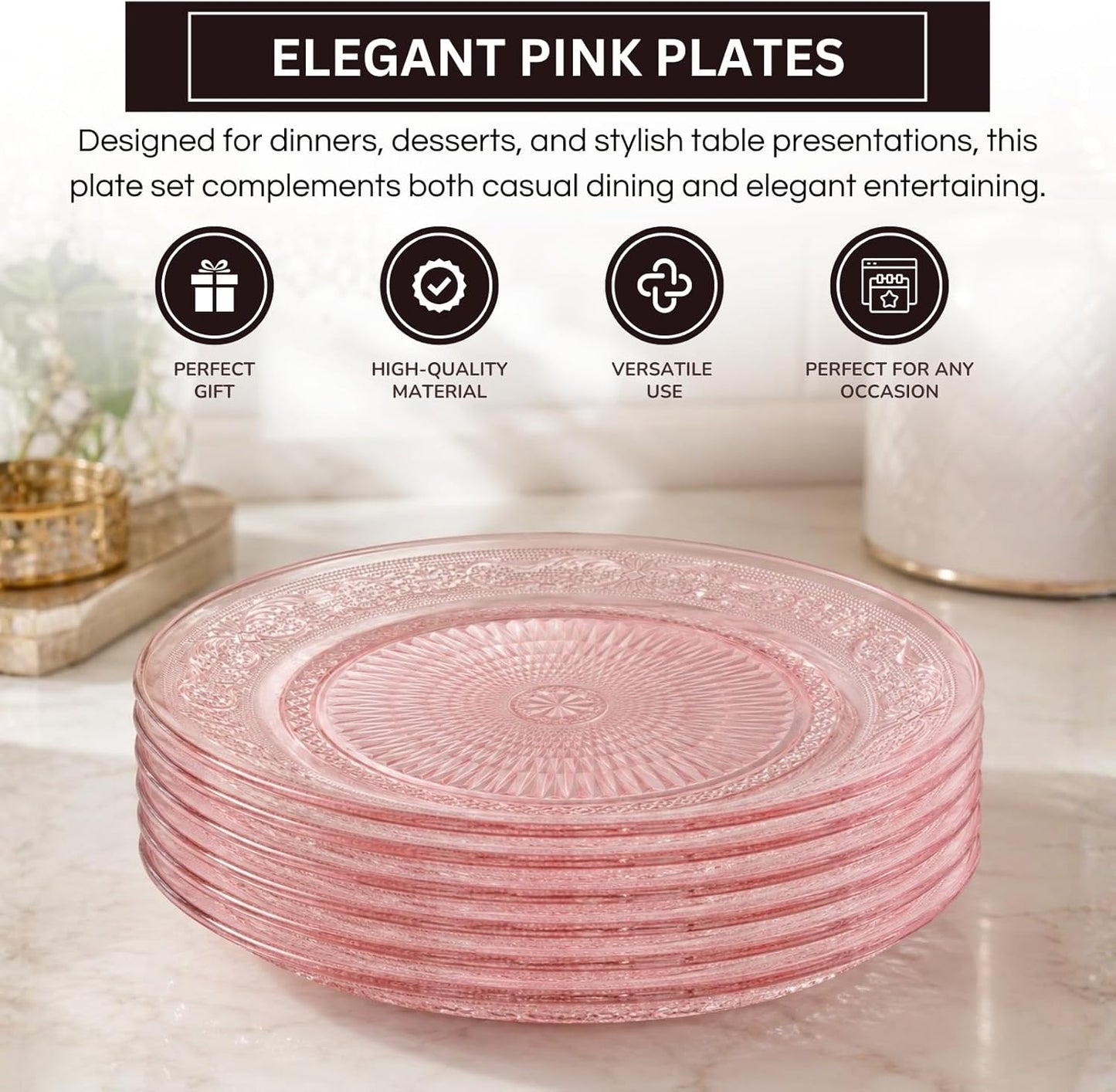 Art Deco Vintage Crystal Pink Plates | Set of 6 | Unique 10.5" Dinner or Charger Plates - Dinner, Charger, Dessert Server, Appetizer Plate, Snack, Fruit, Hand Wash, Housewarming Gift