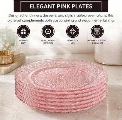 Art Deco Vintage Crystal Pink Plates | Set of 6 | Unique 10.5" Dinner or Charger Plates - Dinner, Charger, Dessert Server, Appetizer Plate, Snack, Fruit, Hand Wash, Housewarming Gift
