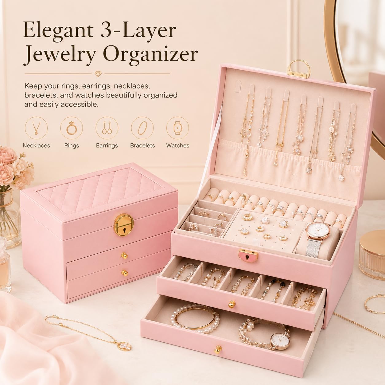 Jewelry Box for Women Girl Wife Jewelry Organizers and Storage with Lock 3 Layer Jewelry Boxes Organizers Large Jewelry Box with PU Leather Display for Earrings Rings Bracelets Watches