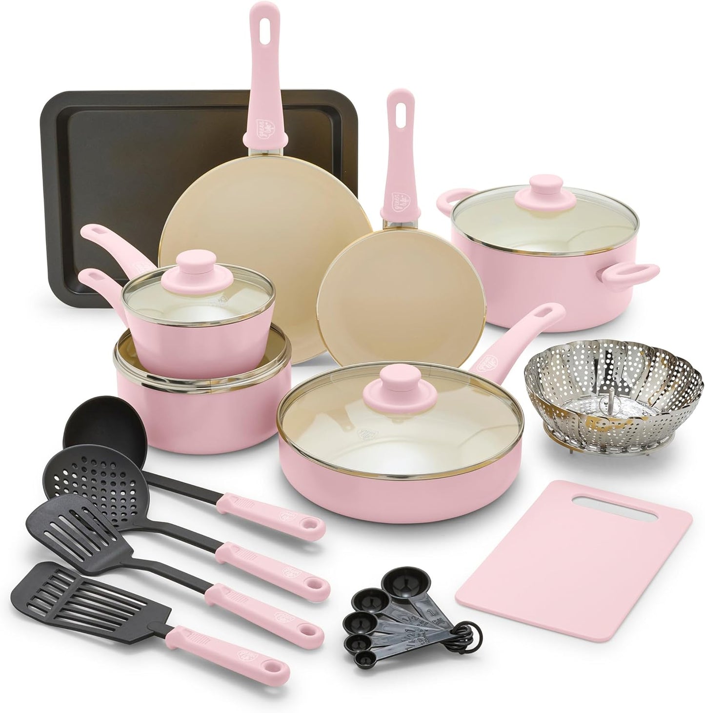 GreenLife Soft Grip Healthy Ceramic Nonstick 18 Piece Kitchen Cookware Pots and Frying Sauce Saute Pans Set, PFAS-Free with Kitchen Utensils and Lid, Dishwasher Safe, Soft Pink