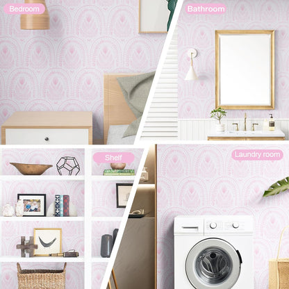 Abyssaly Boho Peel and Stick Wallpaper Pink and White Wallpapers Modern Contact Paper Removable Self-Adhesive Waterproof Wall Paper Vinyl Rolls for Bedroom Bathroom Cabinets Decor 17.3" x 118"
