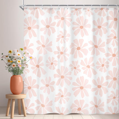 Riyidecor Long Blush Pink Daisy Floral Shower Curtain Boho Spring White Flower Cute Pretty Modern Aesthetic Girly 72Wx78H Inch Minimalist Fabric Decor Bathroom Polyester Waterproof 12 Pack Hooks