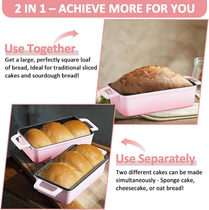 Leonyo Cast Iron Loaf Pan 2 Piece Set, 9x5 inch Enameled Cast Iron Bread Pan with Lid, 2-in-1 Homemade Sourdough Bread Dutch Oven for Pound Cake, Lasagna, Up to 500℉ & Pink