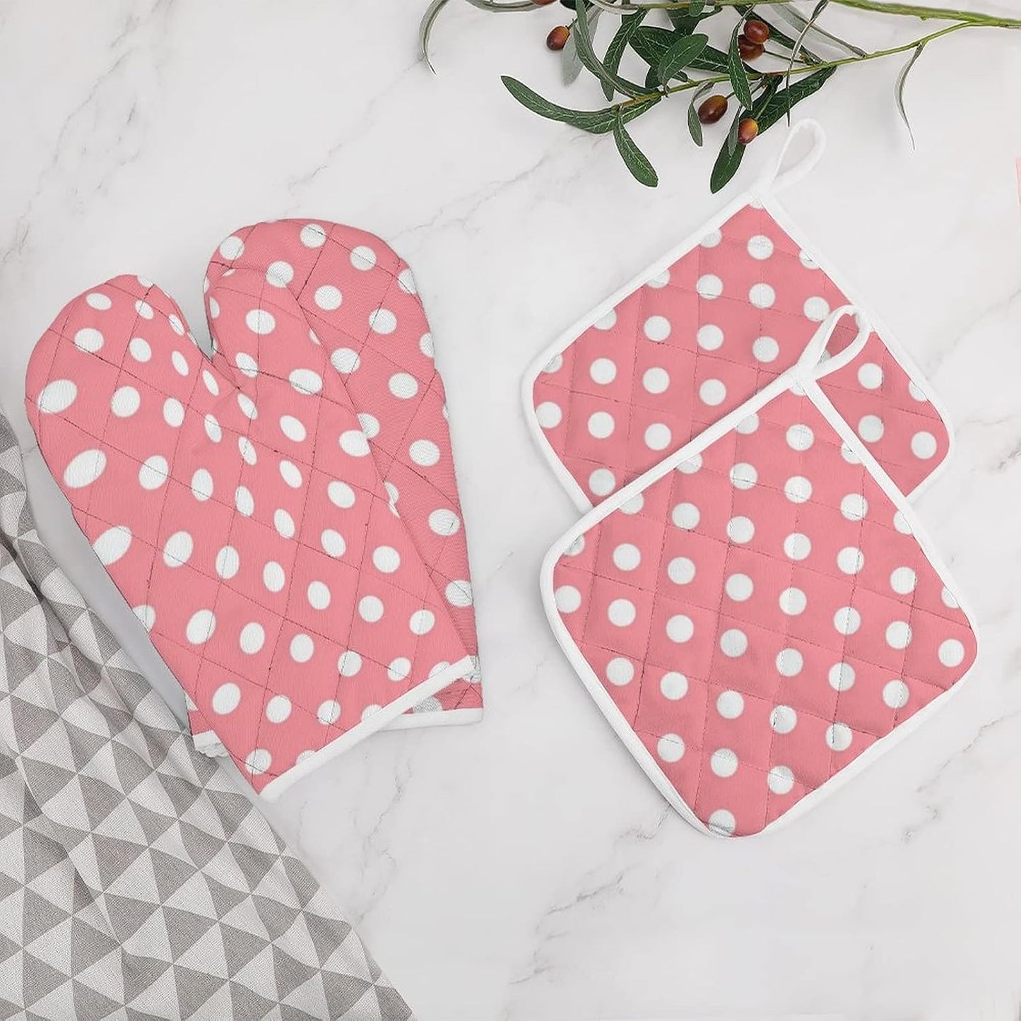 4PCS Oven Mitts Glove Kitchen Heat Resistant Pot Holders Set Pink with White Polka Dots Pattern Kitchen Microwave Oven Gloves Mitts Anti-Scald Baking Cooking Gloves