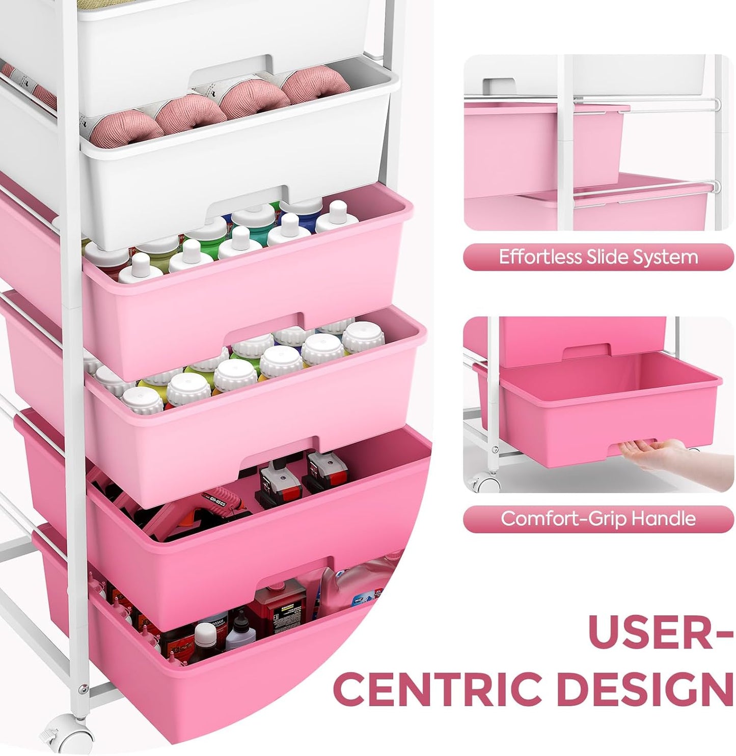 Rolling Storage Cart with 6 Drawers and Wooden Tabletop, Lockable Wheels Utility Cart for Art Studios, Office Supplies & Craft Room Organization (Pink)