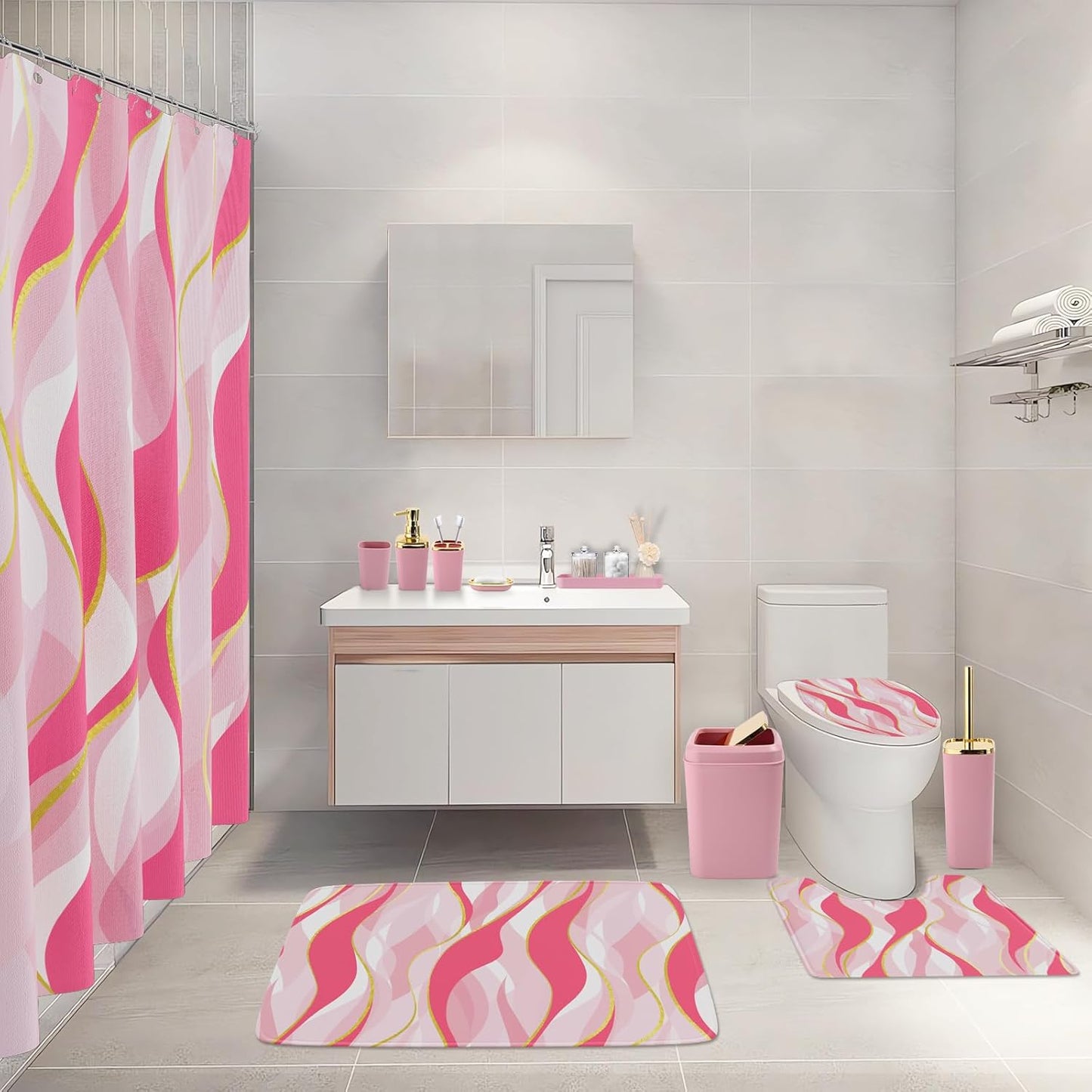 XLHOMO Bathroom Set - Pink and Gold Bathroom Accessories, Bathroom Sets with Shower Curtain and Rugs, Pink Shower Curtain Set with Bathroom Trash Can, Soap Dispenser, Soap Dish for Home Decor