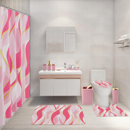 XLHOMO Bathroom Set - Pink and Gold Bathroom Accessories, Bathroom Sets with Shower Curtain and Rugs, Pink Shower Curtain Set with Bathroom Trash Can, Soap Dispenser, Soap Dish for Home Decor