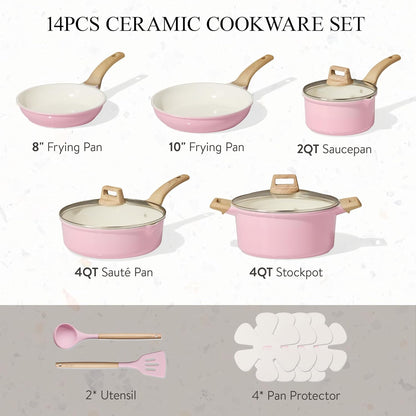 CAROTE Ceramic Cookware Set, 14 PCS Pots and Pans Set Non Stick, Pot and Pan Set with Frying pan, Induction Ready Cooking Set for Kitchen, PFOS/PFOA/PFAS Free, Pink