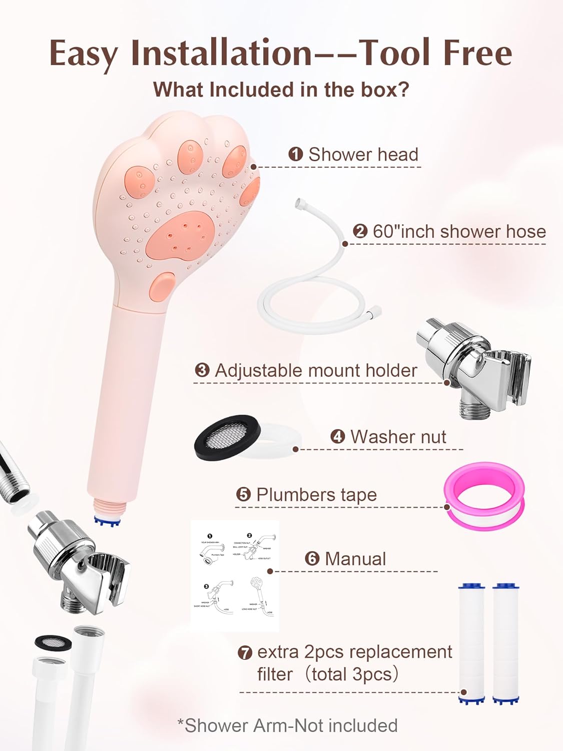 Filtered Shower Head with Handheld,Cute High Pressure 3 Spray Mode Showerhead with Filters Hard Water - Removes Chlorine 60" Hose(Pink)