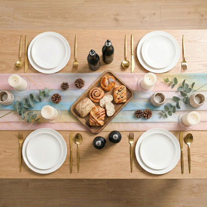 Artoid Mode Boho Gradient Pink Blue Stripes Spring Chiffon Table Runner 120 Inches 10FT,Seasonal Fabric Kitchen Dining Holiday Table Decor for Home Party