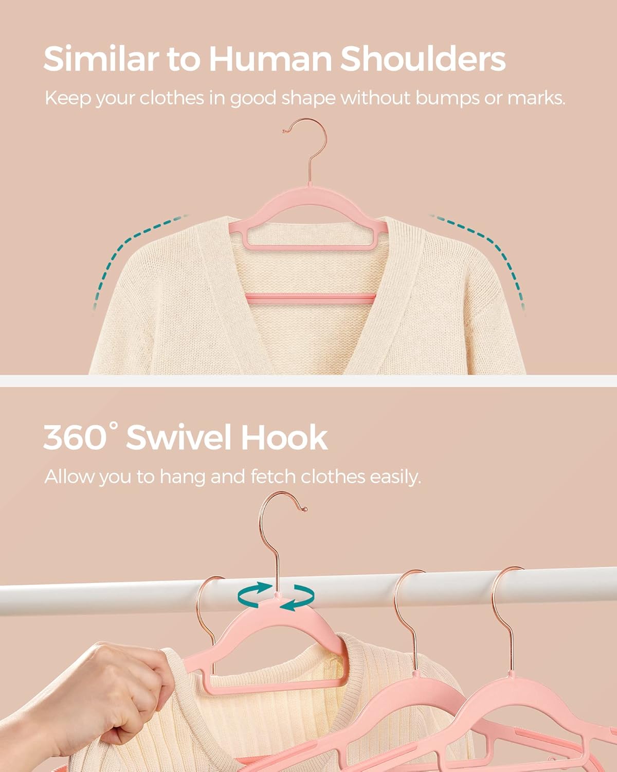 SONGMICS Pack of 50 Coat Hangers, Space-Saving Plastic Clothes Hangers, Non-Slip, 0.2 Inches Slim, 16.5 Inches Wide, 360° Swivel Rose Gold Hook, Light Pink UCRP20PK05