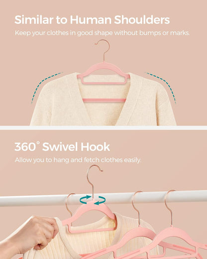 SONGMICS Pack of 50 Coat Hangers, Space-Saving Plastic Clothes Hangers, Non-Slip, 0.2 Inches Slim, 16.5 Inches Wide, 360° Swivel Rose Gold Hook, Light Pink UCRP20PK05