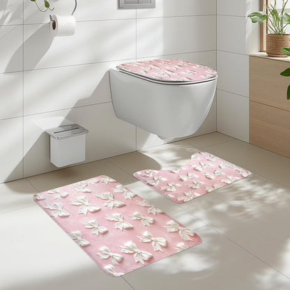 4Pcs Pink White Bow Shower Curtain Set, Vintage Bowknot Oil Painting Bathroom Curtain with Rug, Toilet Lid Cover, Bath Mat, Girly Fashion Pretty Sweet Modern Shower Curtain with 12 Hooks