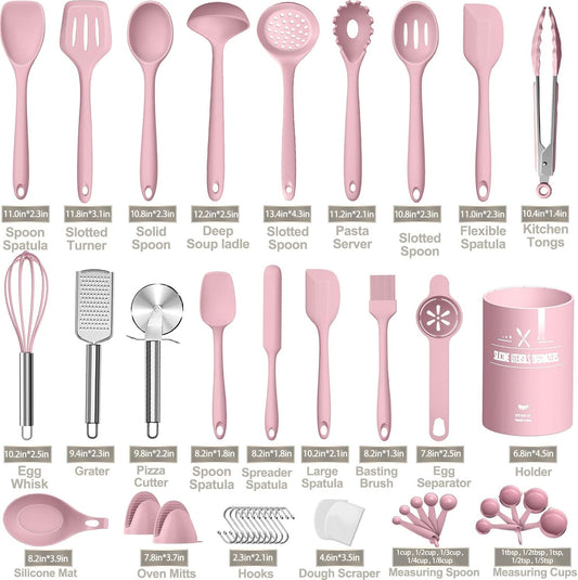 Silicone Cooking Kitchen Utensil Set, AIKKIL 43 Pcs Pink Cooking Utensils Set, Turner, Tongs, Spoon, Spatula, Kitchen Gadgets Tools Set For Nonstick Cookware, Heat Resistant (Dishwasher, BPA Free)