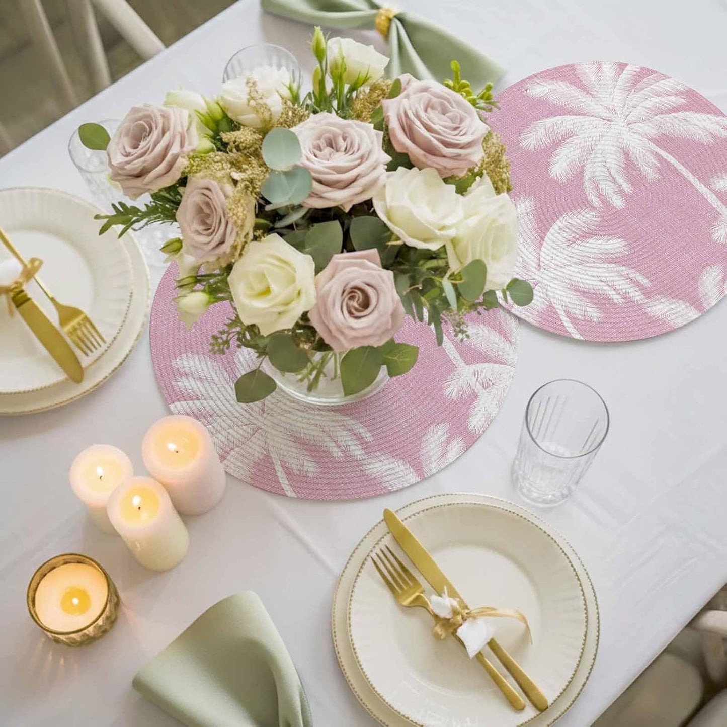 Round Placemats Set of 8 Tropical Palm Trees Place Mats Washable Woven Placemat Peach Pink Linen Coastal Circle Braided Table Mat for Kitchen Dining Table Party Home Decor 15 Inch