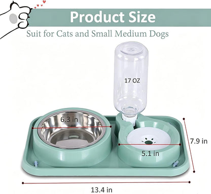J&L VVMEET Non-Slip Dog Cat Food and Water Bowls Set with Water Dispenser | Dog Bowls Detachable Stainless Steel Bowl Gravity Pet Feeder and Waterer Set Automatic Water Refill for Cat Dog Puppy Rabbit