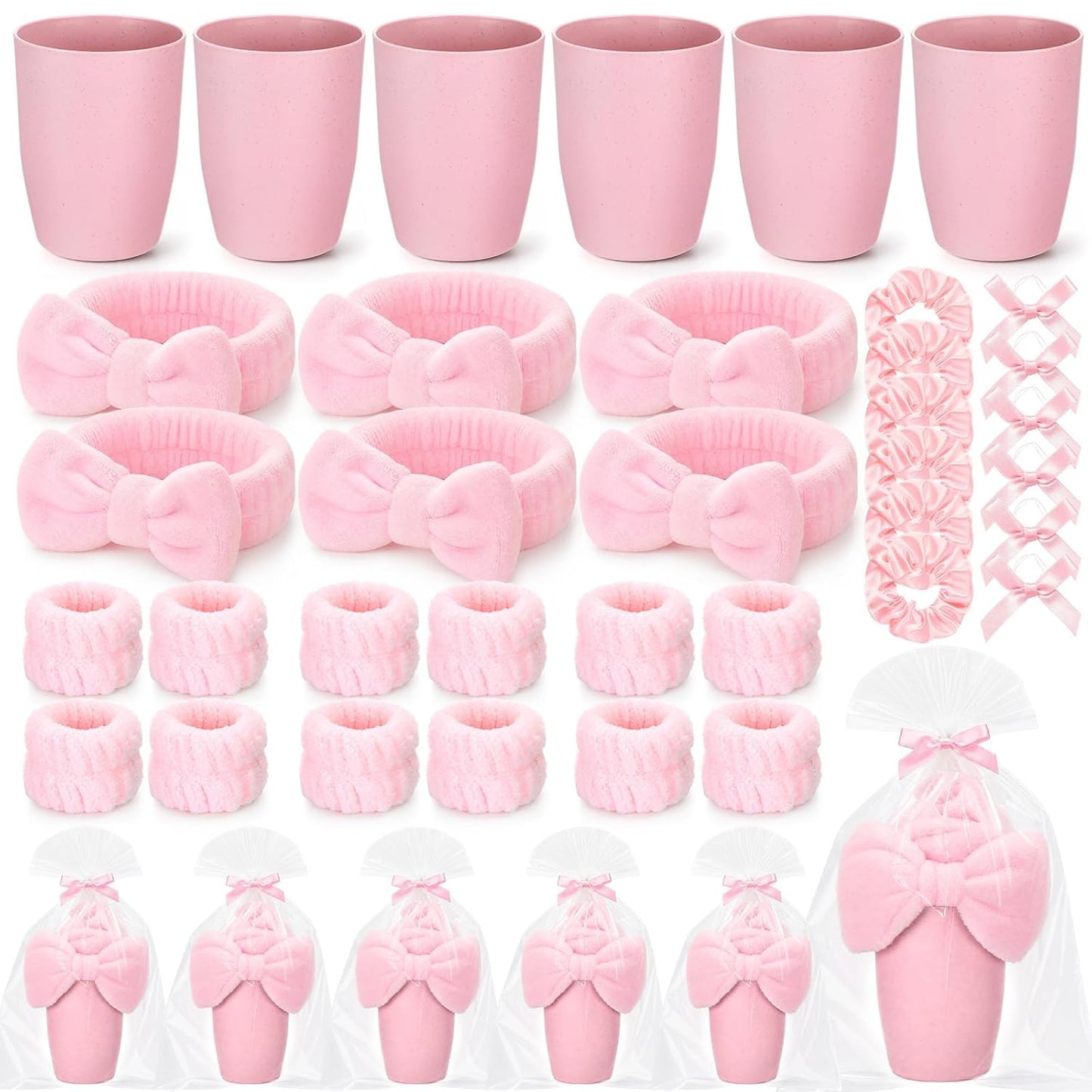 6 Set Sleepover Party Supplies for Girls Pink Toothbrush Cup Bow Headband Wristbands Scrunchies Slumber Gift for Women Birthday Bachelorette Sleepover Party Favors