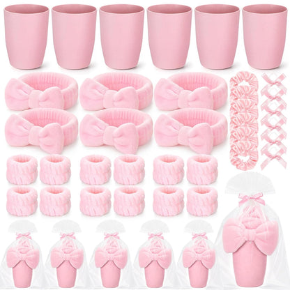 6 Set Sleepover Party Supplies for Girls Pink Toothbrush Cup Bow Headband Wristbands Scrunchies Slumber Gift for Women Birthday Bachelorette Sleepover Party Favors