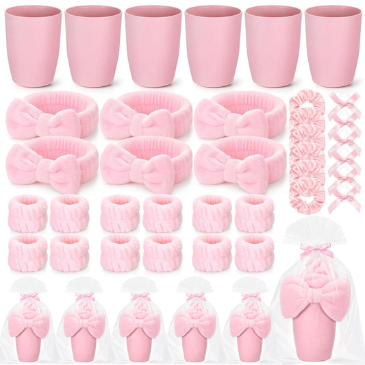 6 Set Sleepover Party Supplies for Girls Pink Toothbrush Cup Bow Headband Wristbands Scrunchies Slumber Gift for Women Birthday Bachelorette Sleepover Party Favors