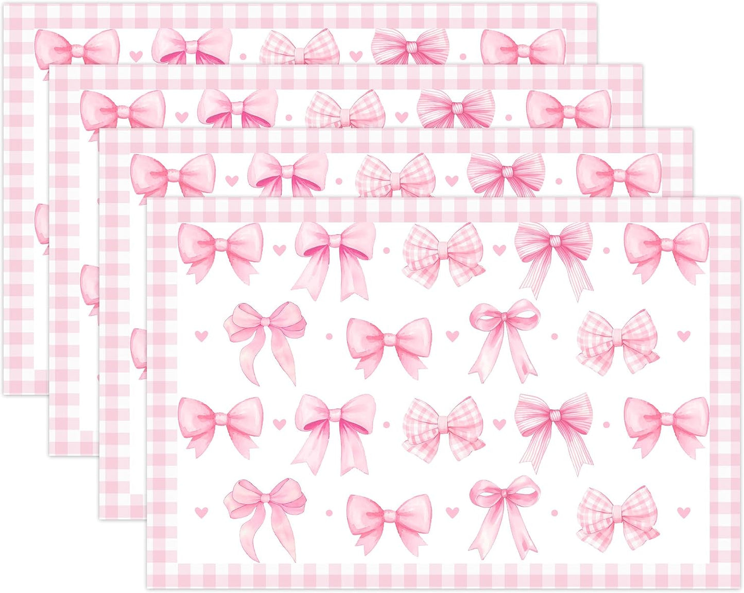 Pink Bow Theme Place Mats Set of 4, Bow Theme Home Decor, Non-Slip Linen Washable Reusable Table Mats for Indoor Outdoor Kitchen Dining Table Home Decorations 12 x 18 Inches