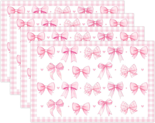 Pink Bow Theme Place Mats Set of 4, Bow Theme Home Decor, Non-Slip Linen Washable Reusable Table Mats for Indoor Outdoor Kitchen Dining Table Home Decorations 12 x 18 Inches