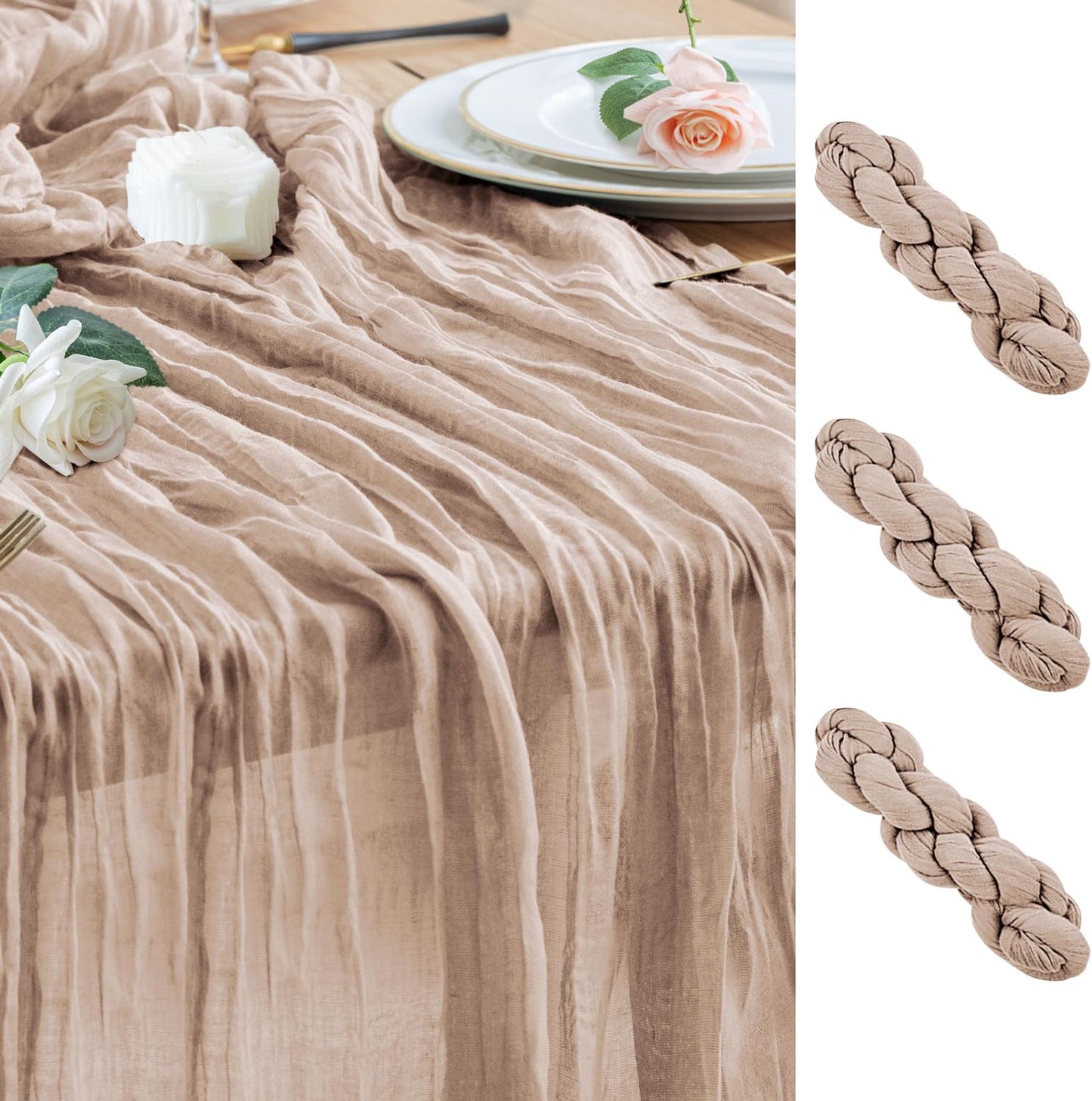 Wokceer Cheesecloth Table Runner 3Pack 10FT Nude Pink Boho Gauze Cheese Cloth Table Runner for Party Long Rustic Sheer Table Runners for Baby Bridal Shower Wedding Easter Table Decor