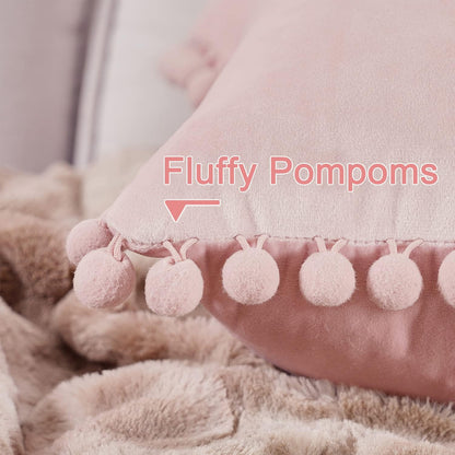 Topfinel Blush Pink Decorative Throw Pillow Covers for Couch Bed 20x20 Soft Velvet Pillow Coveres Set of 2 Cute Square Cushion Covers with Pom-poms for Bedroom Livingroom Aesthetic Home Decor
