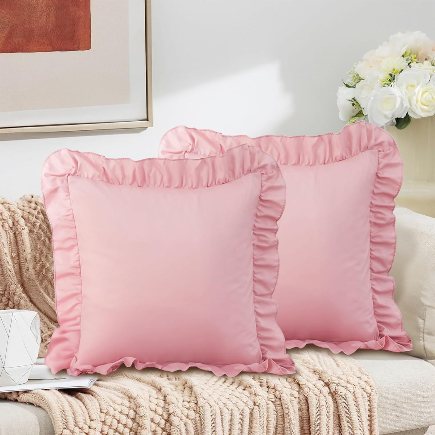 Horbaunal 2 Pack Pink Ruffle Throw Pillow Covers 20" x 20" Ruffle Square Pillow Covers Ultra Soft Microfiber Ruffled Fringe Pillow Shams, Shabby Chic Pillowcases