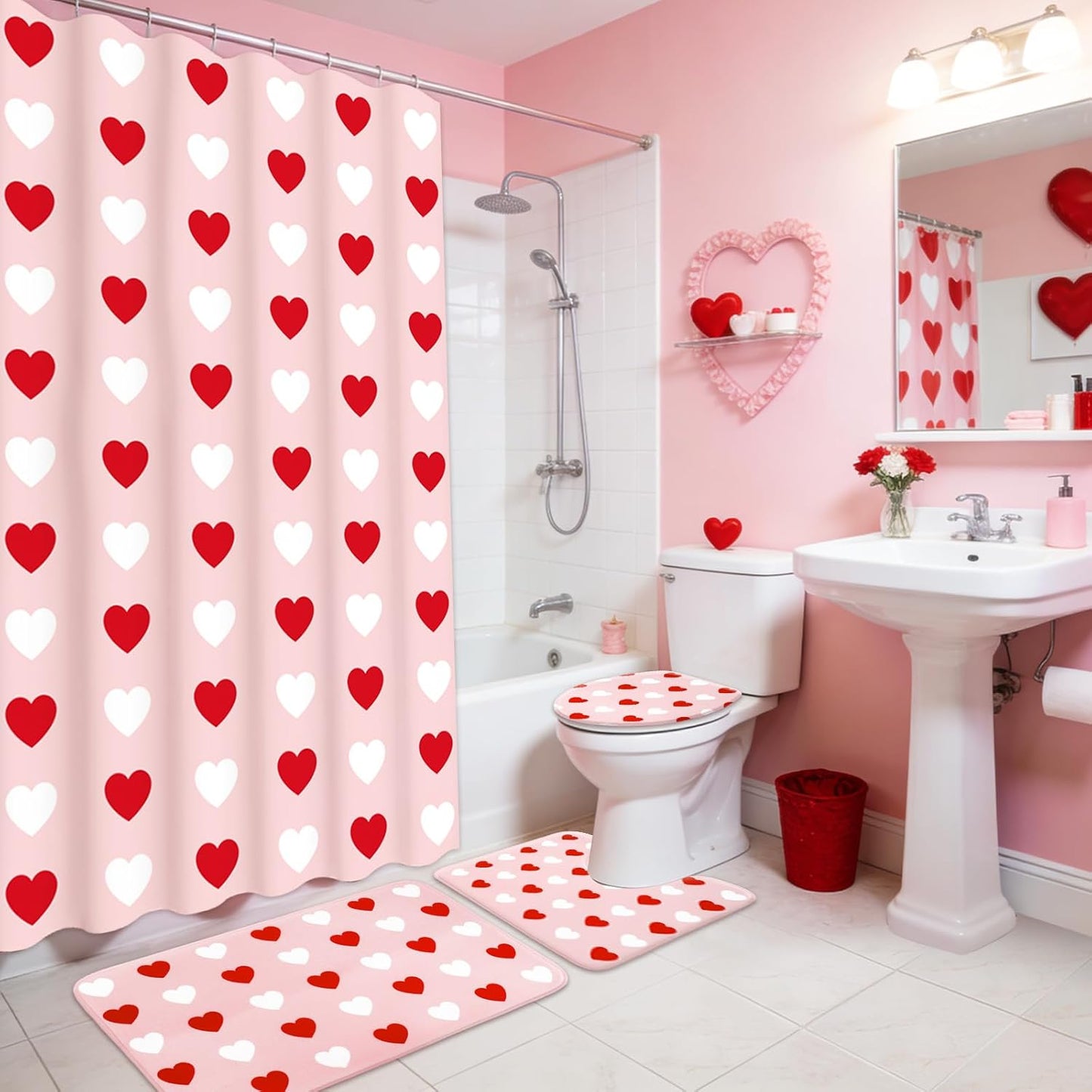JarThenaAMCS 4Pcs Valentine's Day Bathroom Set Pink Red White Heart Non-Slip Bath Mat U-Shaped Toilet Rug Toilet Lid Cover Shower Curtain with Hooks for Home Hotel Accessories Decoration