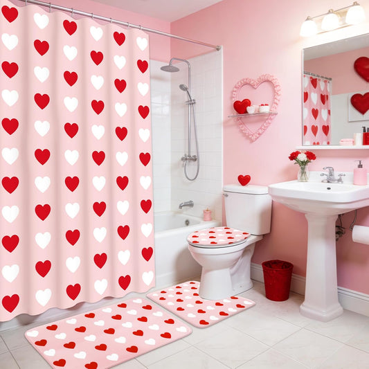JarThenaAMCS 4Pcs Valentine's Day Bathroom Set Pink Red White Heart Non-Slip Bath Mat U-Shaped Toilet Rug Toilet Lid Cover Shower Curtain with Hooks for Home Hotel Accessories Decoration